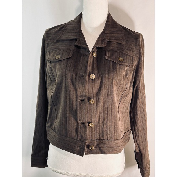Rafaella Jackets & Blazers - Rafaella Womens Brown Herringbone Pinstripe Button Front Jacket Blazer Brown